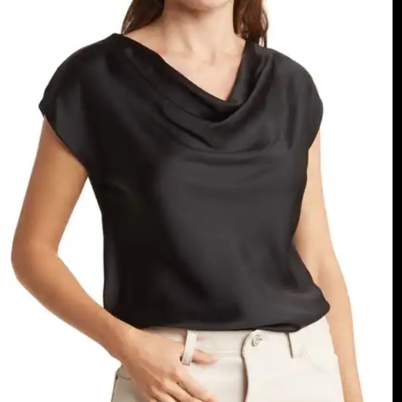 MELLODAY BLOUSE BLACK COLOR CAP SLEEVES COWL NECK STRETCH SIZE MEDIUM - Picture 1 of 7